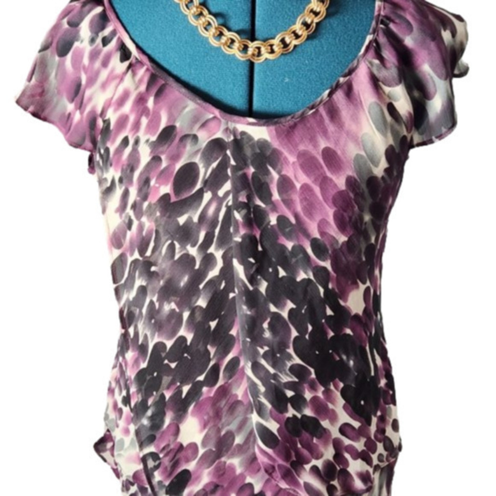 204. Roz&Ali Purple and Black Chiffon Blouse with floaty ruffles sz M
